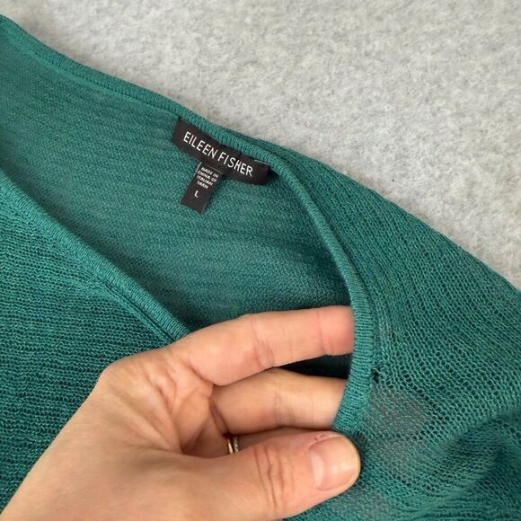 Eileen Fisher Womens Large Wool Knit Short Sleeve Sweater Top Green Drape FLAWED - Picture 12 of 13
